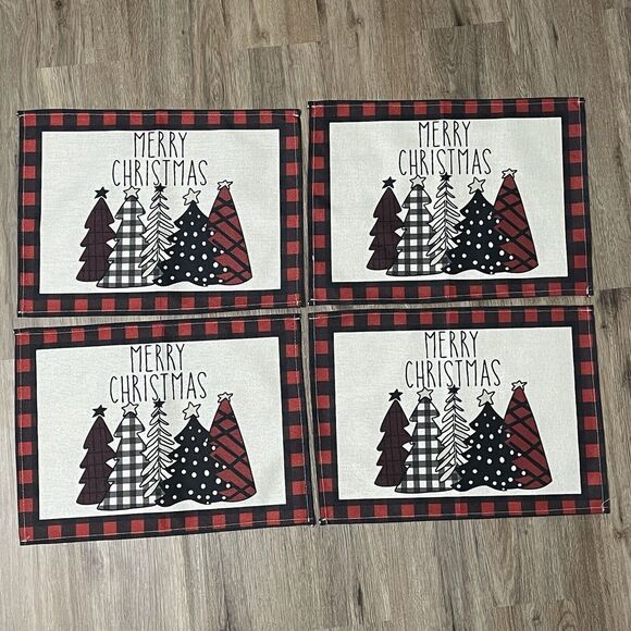 Lot of 4 Merry Christmas Tree Placemats, Buffalo Check Standard Size 17.5x12.5" - Picture 1 of 10